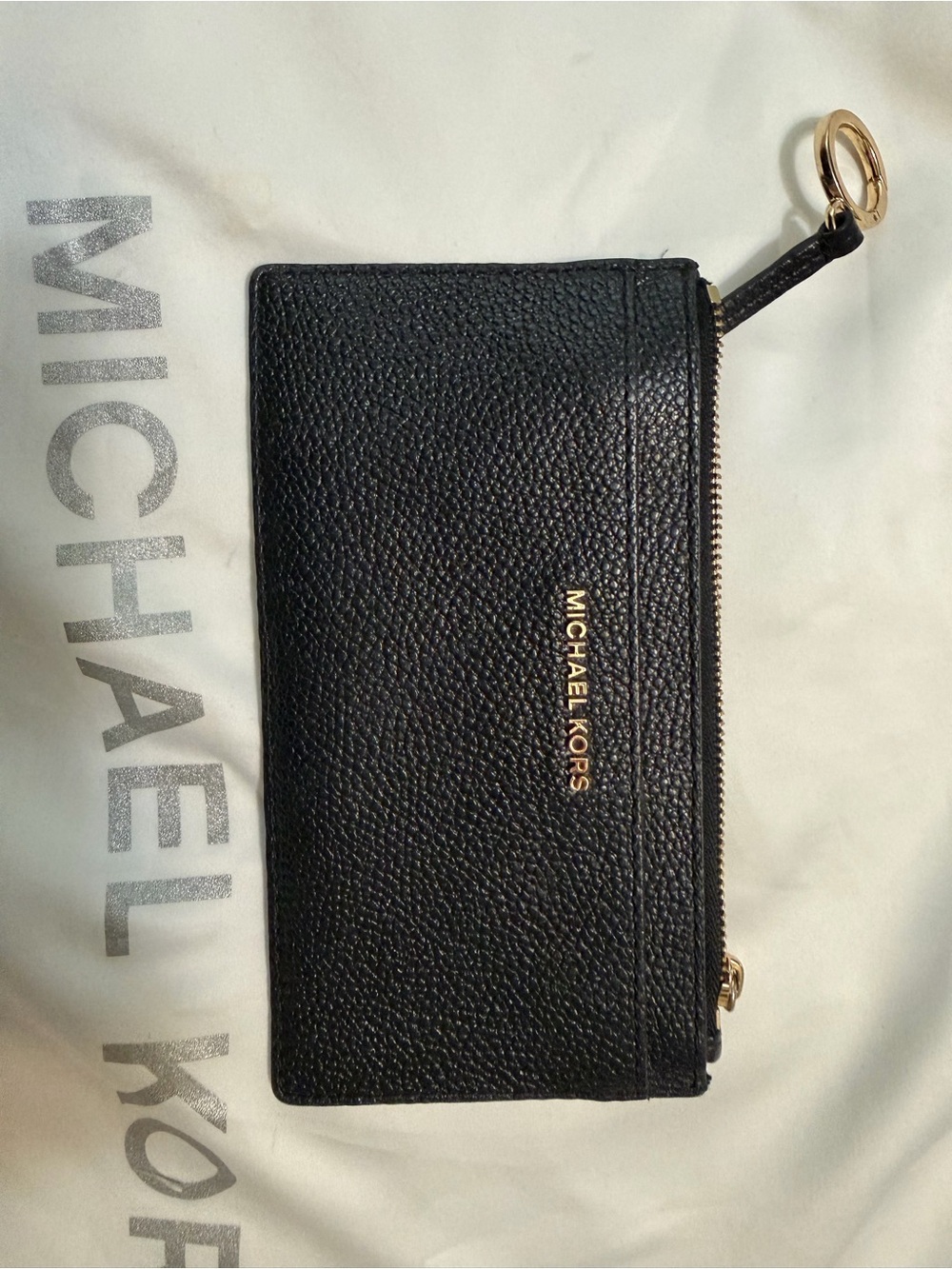Michael Kors Black Pebbled Leather Zip Card Holder with Gold Hardware